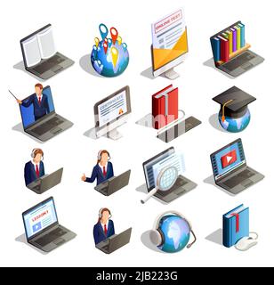 Online-Bildung isometrische Symbole Sammlung von sechzehn isolierten Laptop-Computer-Bücher konzeptionelle Bilder mit Studenten Zeichen Vektor-Illustration Stock Vektor