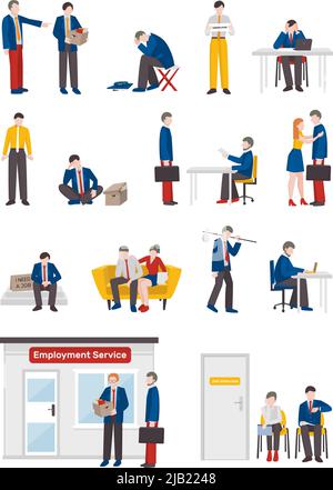 Arbeitslose flache Sammlung mit isolierten menschlichen Charakteren von entlassenen Arbeitnehmern in verschiedenen Lebenssituationen Vektordarstellung Stock Vektor
