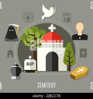 Friedhof Konzept Set mit Tod und Kirche Symbole flache Vektor-Illustration Stock Vektor