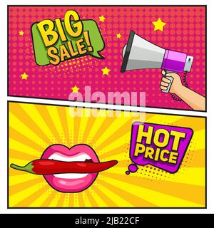 Große Verkauf Comic-Stil Banner mit Megaphon in Hand und Mund hält Chili Pfeffer isoliert Vektor-Illustration Stock Vektor