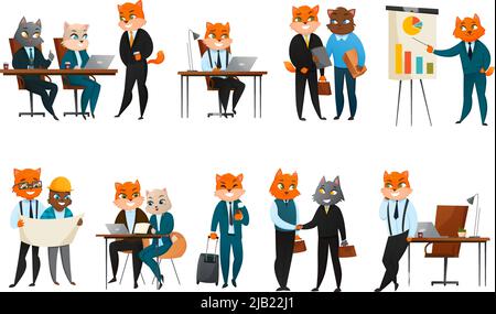 Chef Executive Business Katze anthropomorphe Geschäftsmann Comic-Figur in Corporate Office Cartoon Icons webcomic Komposition Vektor Illustration Stock Vektor