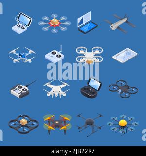 Drohnen isometrische Symbole mit unbemannten Flugzeugen verschiedener Zwecke, uav-Controller auf blauem Hintergrund isoliert Vektor-Illustration Stock Vektor