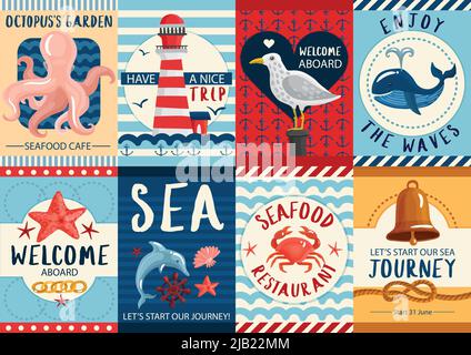 Satz von nautischen bunten Bannern und Plakaten mit Meerestieren für Restaurants und Reisen isoliert Vektor-Illustration Stock Vektor