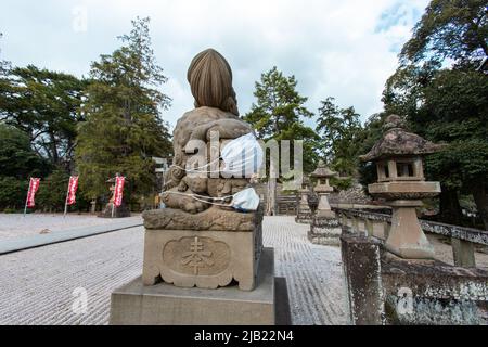 Komainu Steinstatue, die eine Gesichtsmaske am Matsue Jinja (Matsue Shrine) trägt, in der Gegend von Matsue Jo. Übersetzung : Votivopfer Stockfoto