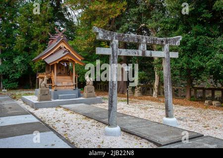 Ein kleines Torii-Tor und Hokora (ein Miniatur-Shinto-Schrein) am Matsue Jinja (Matsue-Schrein), in der Gegend von Matsue Jo. Übersetzung : Votivopfer Stockfoto