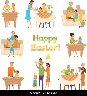 Familie ostern großen Satz mit flachen Cartoon-Figuren glücklich feiern Eltern mit Kindern und Großeltern Vektor-Illustration Stock Vektor