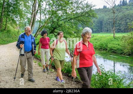 Gut behöhte Senioren wandern in idyllischer Natur Stockfoto