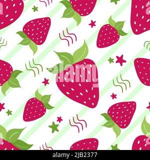 Handgezeichnetes, nahtloses Muster aus rosa Erdbeerdoodle mit Streifen, Blättern und Sternen auf weißem Hintergrund. Sommer Beeren für die Gestaltung von Stickern, Menüposter.Vektor-flache Illustration Stock Vektor