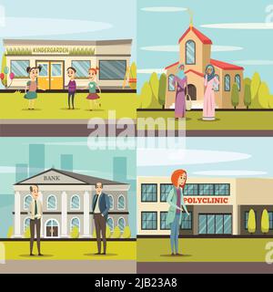 Vier Quadrate orthogonale Stadtgebäude Symbol mit Kindergarten Kirche Bank und Poliklinik Vektor-Illustration gesetzt Stock Vektor