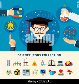 Science Banner und Icons Sammlung Set von wissenschaftlichen Experimenten für Bildung flache Vektor-Illustration Stock Vektor