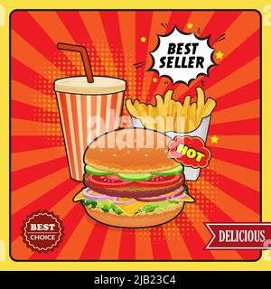 Fastfood-Poster im Comic-Stil mit Burger Drink Pommes Frites Kartoffel auf rotem Pop Art Hintergrund Vektorgrafik Stock Vektor