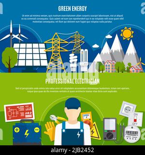Horizontale flache Banner mit sauberer Energie und professioneller Elektriker auf blauem und grünem Hintergrund isolierte Vektorgrafik Stock Vektor