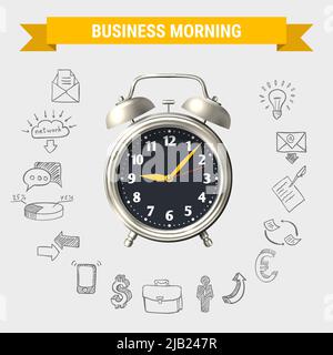Business Morning rund Komposition mit gelbem Band 3d-Wecker und handgezeichneten Symbolen isoliert Vektor-Illustration Stock Vektor
