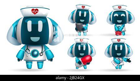 Vektorset für Krankenschwestern-Zeichen des Roboters. Roboter-Tierfiguren in freundlichen Gesichtern und Uniform isoliert auf weißem Hintergrund für das Design der ai-Kollektion. Stock Vektor