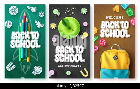 Back to School Vektor-Poster-Set. Zurück zum Schultext mit Lernsymbolen und Taschenelementen in farbenfroher Dekoration für pädagogisches Studiendesign. Stock Vektor