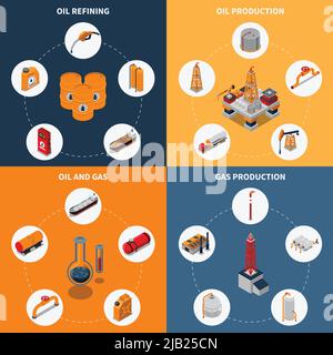 Isometrisches Designkonzept mit Ölproduktion und -Raffination, Gasförderung und -Lagerung, isolierter Vektordarstellung für den Kraftstofftransport Stock Vektor
