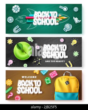 Back to School Vektor-Banner-Set-Design. Zurück zum Schultext in farbenfroher Icon-Dekoration mit Lerntasche und Farbstift-Elementen für Wissen. Stock Vektor