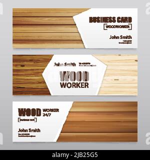 Set aus drei realistischen horizontalen Holztexturbannern mit Bildern von Holzplatten und editierbarer Text-Vektor-Illustration Stock Vektor