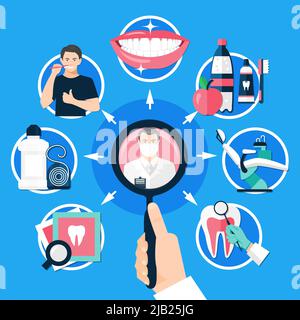 Dental runde Design-Konzept mit Mann Hand hält Lupe für die Suche Methoden der Behandlung und Prävention von Zahnerkrankungen flachen Vektor il Stock Vektor