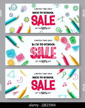 Back to School Verkauf Vektor Banner Design. Back to School Sale Text mit begrenztem Rabatt Angebot in pädagogischen Elementen für Artikel liefert Rabatt. Stock Vektor