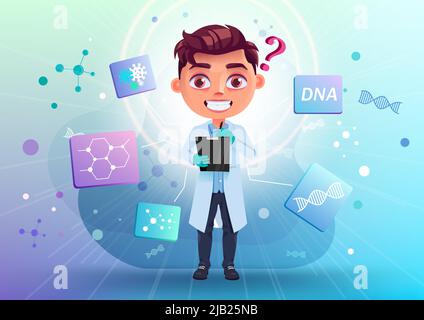 Kid Scientist Vektor-Charakter-Design. Boy-Charakter im Labormantel mit Checkliste mit Symbolen für wissenschaftliches Wissen für das Design von Laborexperimenten. Stock Vektor