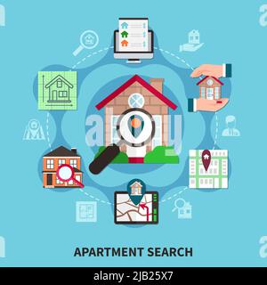 Immobilien-Wohnung Zusammensetzung mit Haus-und Architekten-Tools rund um in Kreis Vektor-Illustration Stock Vektor