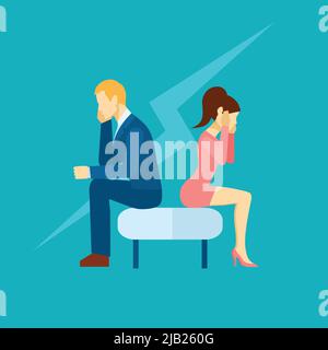 Depressionen-Symbol mit traurigen Mann und Frau sitzen auf der Couch flache Vektor-Illustration Stock Vektor