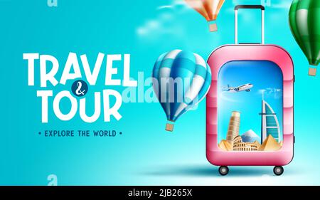 Reisevektor-Hintergrunddesign. Reise- und Tour-Text mit einem Wahrzeichen des weltweiten Touristenorts im Gepäcktaschen-Element für Erkundungen und Abenteuer. Stock Vektor