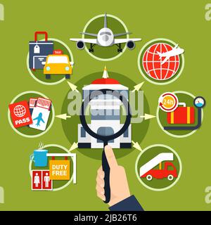 Flughafen Passagierservice Symbole flache Symbole Kreis Zusammensetzung Poster mit Transporteinrichtungen Gepäckaufbewahrung Hintergrund Vektor Illustration Stock Vektor