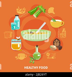 Flache farbige Komposition für gesunde Ernährung mit Überschrift für gesunde Lebensmittel und Zutaten für eine Rezeptheormaler Stock Vektor