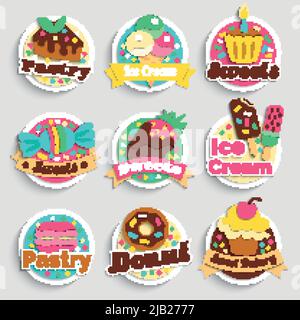 Süßigkeiten Eis Cupcakes Donuts Süßwaren Bäckerei Desserts bunt runde Embleme Etiketten Sammlung grau Hintergrund isoliert Vektor Illustration Stock Vektor
