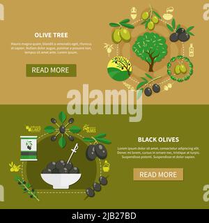 Set von horizontalen Banner mit schwarzen Oliven und Baum mit grünen Früchten isoliert Vektor-Illustration Stock Vektor