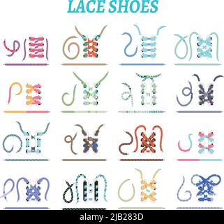 Sportschuhe Sneaker und Stiefel Schnürtechniken 16 Icons Kollektion für breite schmale Füße isolierte Vektor-Illustration Stock Vektor