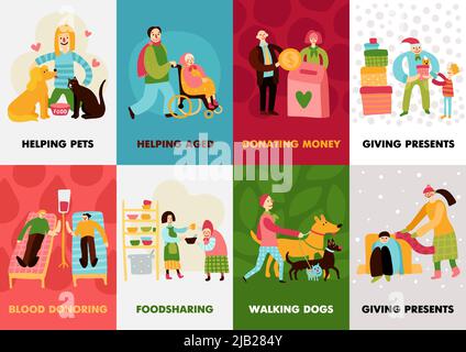 Charity-Typen Karten mit geben Geschenke Walking Hunde Blutspenden helfen gealterten Kompositionen flache Vektor-Illustration gesetzt Stock Vektor