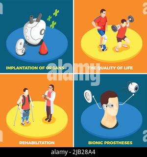 Medizintechnik 2x2 Design-Konzept mit Implantation von Organen bionische Prothese Lebensqualität und Rehabilitation isometrische quadratische Symbole Vektor illu Stock Vektor