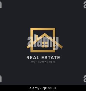 Immobilien-Logo in goldener Farbe mit einem einfachen und minimalistischen Haus als Designelement Stock Vektor