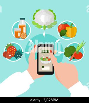 Gesundes Essen farbiges Konzept mit runden Icon-Set um Smartphone in weiblichen Händen kombiniert Vektor-Illustration Stock Vektor