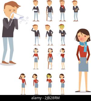 Sick People Charaktere mit Männern und Frauen Husten blasen Niesen isoliert Vektor-Illustration gesetzt Stock Vektor