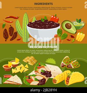 Horizontale Banner mit mexikanischen Gerichten Zutaten und Fastfood auf Terrakotta und grünem Hintergrund isoliert Vektor-Illustration Stock Vektor