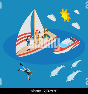 Yacht mit Touristen, Person während des Tauchens, Motorboot, Delphine isometrische Zusammensetzung auf blauem Hintergrund Vektor-Illustration Stock Vektor