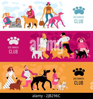 Club der Hundebesitzer horizontale Banner mit Erwachsenen und Kindern, verschiedene Hunderassen isoliert Vektor-Illustration gesetzt Stock Vektor