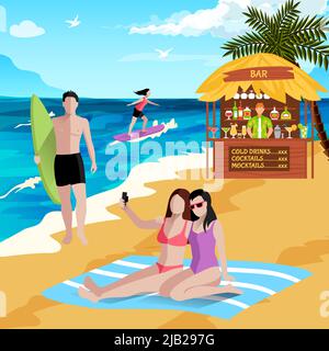 Menschen im Strandhintergrund mit gesichtslosen menschlichen Charakteren von Board-Surfern-Urlaubern, die Selfies mit Strandbar-Vektorgrafik machen Stock Vektor
