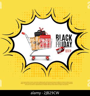 Black friday Werbeplakat auf gelbem Hintergrund mit Einkaufswagen in Comic Bubble Vektor Illustration Stock Vektor