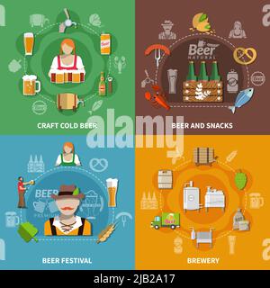 Bierfest Brauereiprozess und verschiedene Snacks 2x2 Icons auf bunten Hintergründen isoliert Vektor-Illustration gesetzt Stock Vektor