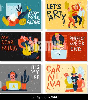 Extraversion Introversion horizontale Karten auf farbigem Hintergrund mit Personen während der Erholung isoliert handgezeichnete Vektor-Illustration Stock Vektor