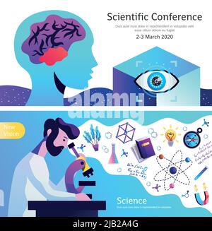 Ankündigung der Wissenschaftskonferenz 2 horizontale abstrakte bunte Banner mit Gehirn Auge Atom Ideen Symbole Vektor-Illustration gesetzt Stock Vektor