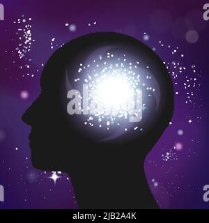 Galaxy Psychologie Konzept realistische Zusammensetzung mit dunklen menschlichen Kopf Silhouette und überlagerte Bild der Sterne Cluster Vektor Illustration Stock Vektor