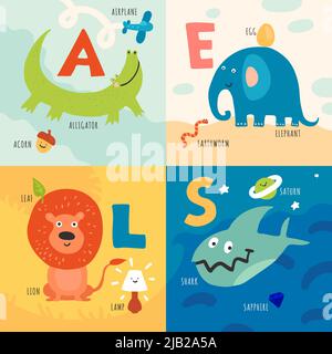Kinder lernen Alphabet 4 Symbole Konzept mit Alligator Elefant Löwen Haie ersten Buchstaben Bilder isoliert Vektor-Illustration Stock Vektor