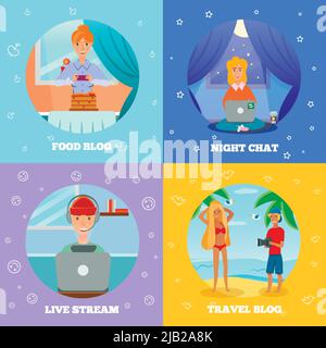 Blogger Zeichen beliebte Themen 4 flache Symbole Quadrat Konzept mit Essen Kochen Reise Nacht Chat Vektor Illustration Stock Vektor