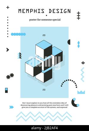 Memphis-Stil geometrisches Poster mit Würfel Chevron gemusterten Linien Sternchen in blauem Schwarz und Text-Vektor-Illustration Stock Vektor